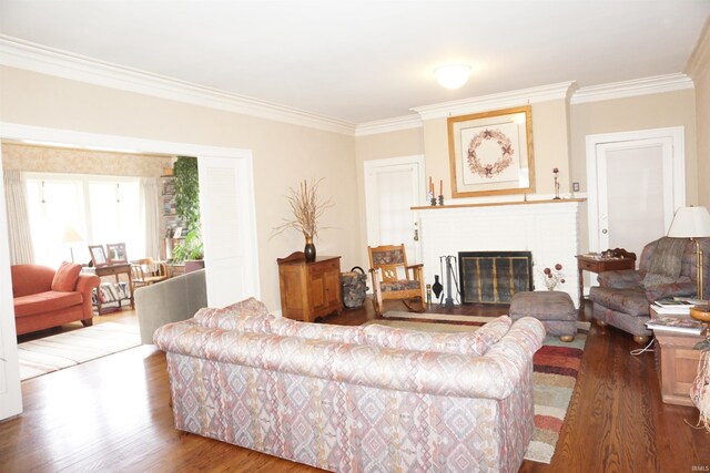 1208 Leeper Ave, South Bend, IN 46617 - living room with wood finished floors, crown molding, and a glass covered fireplace