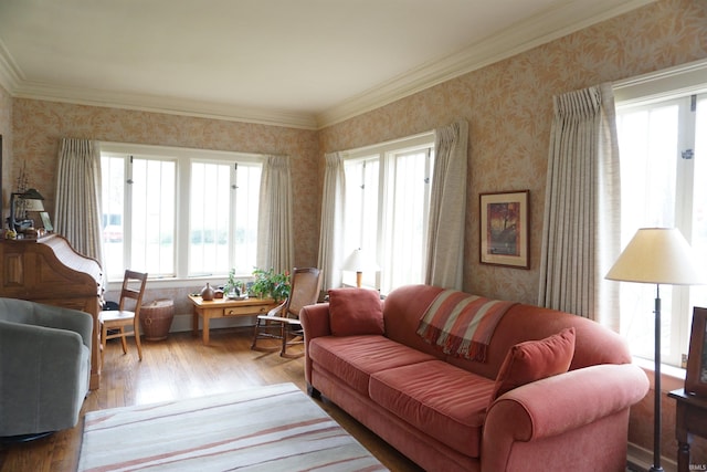 1208 Leeper Ave, South Bend, IN 46617 - living room featuring wallpapered walls, plenty of natural light, wood finished floors, and crown molding