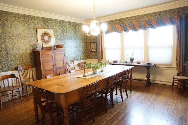 1208 Leeper Ave, South Bend, IN 46617 - dining room featuring plenty of natural light, wallpapered walls, dark wood-style flooring, a chandelier, and crown molding
