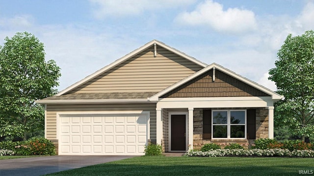 craftsman house with a garage, stone siding, concrete driveway, and a front lawn