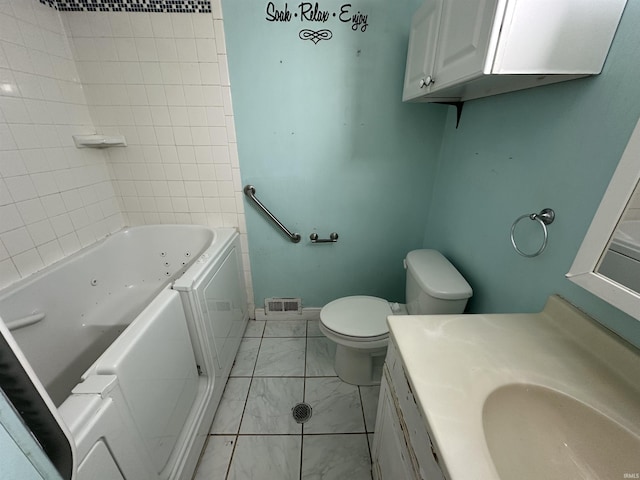 bathroom with toilet, marble finish flooring, baseboards, and vanity