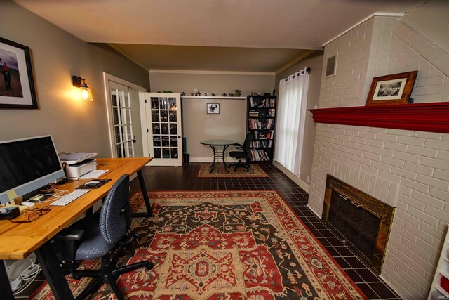8209 Berry Dr, Evansville, IN 47710 - office area featuring french doors, a fireplace, and ornamental molding