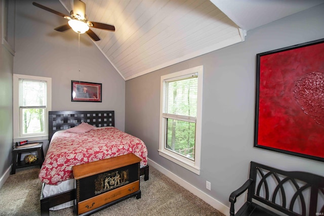 8209 Berry Dr, Evansville, IN 47710 - carpeted bedroom with multiple windows, lofted ceiling, baseboards, wood ceiling, and ceiling fan