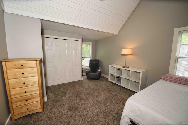 8209 Berry Dr, Evansville, IN 47710 - bedroom with vaulted ceiling, dark carpet, a closet, and baseboards
