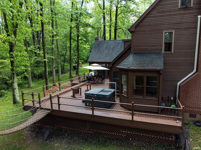 8209 Berry Dr, Evansville, IN 47710 - rear view of house with roof with shingles, a wooden deck, outdoor dining area, and a chimney