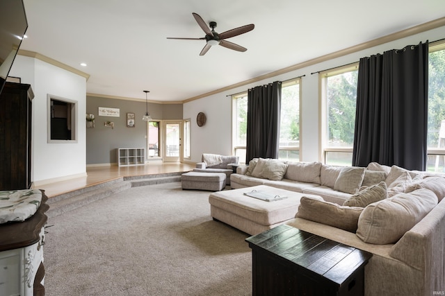 living area with crown molding, ceiling fan, and recessed lighting