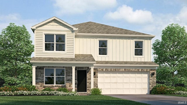 view of front of property featuring stone siding, a shingled roof, driveway, and an attached garage