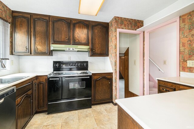 kitchen with black range with electric stovetop, stainless steel dishwasher, under cabinet range hood, a sink, and light countertops