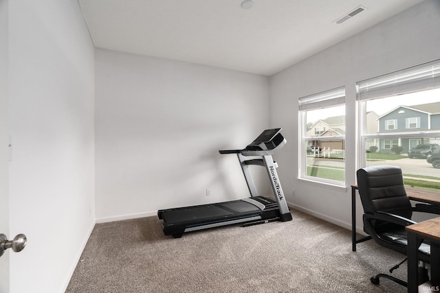 workout area with carpet flooring and baseboards