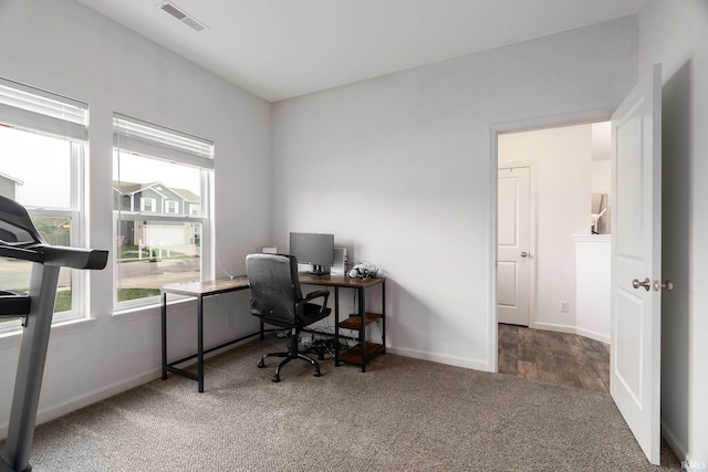 office space featuring carpet flooring, healthy amount of natural light, and baseboards