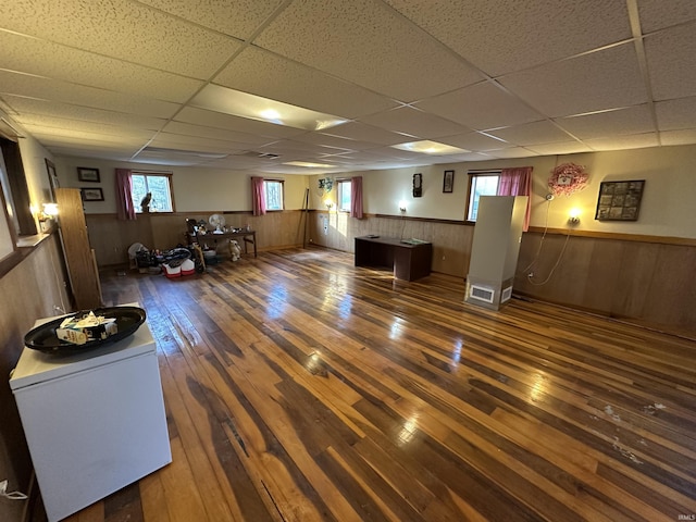 15850-2 Witt Rd, Shoals, IN 47581 - below grade area featuring a wainscoted wall, a drop ceiling, hardwood / wood-style floors, and wood walls