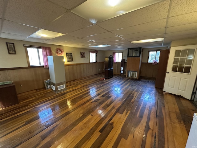 15850-2 Witt Rd, Shoals, IN 47581 - basement with a paneled ceiling, wainscoting, dark wood-type flooring, and wood walls