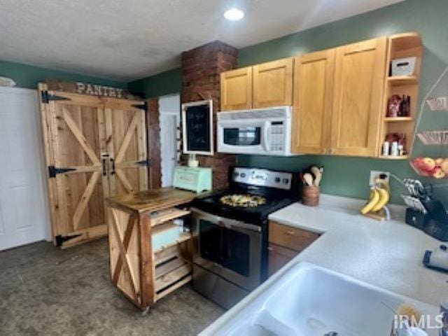 kitchen featuring white microwave, stainless steel electric range, a sink, a barn door, and light countertops