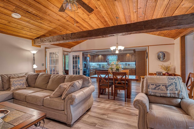 living room featuring wood ceiling, a ceiling fan, a chandelier, and light wood-style flooring