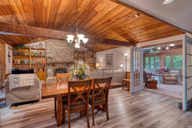 dining room featuring french doors, a chandelier, wood-type flooring, wood ceiling, and a stone fireplace