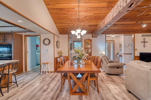 dining space with wood ceiling, light wood-style floors, and a chandelier
