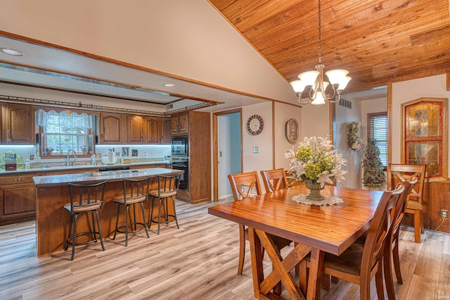dining area featuring a chandelier, wooden ceiling, light wood finished floors, lofted ceiling, and recessed lighting