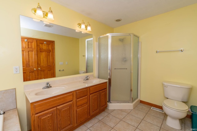 bathroom featuring tile patterned flooring, a stall shower, toilet, and double vanity