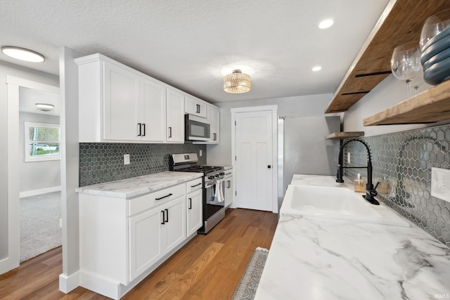 5363 W Warren Ave, Silver Lake, IN 46982 - kitchen featuring stainless steel appliances, a sink, open shelves, backsplash, and light wood-style flooring