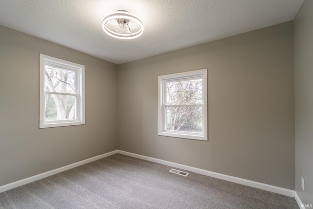 empty room featuring healthy amount of natural light, carpet, baseboards, and a textured ceiling