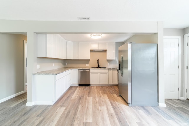 kitchen with stainless steel appliances, light wood-style floors, a sink, baseboards, and white cabinets