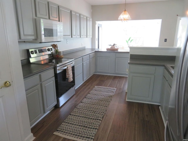 kitchen with appliances with stainless steel finishes, dark wood-type flooring, and hanging light fixtures