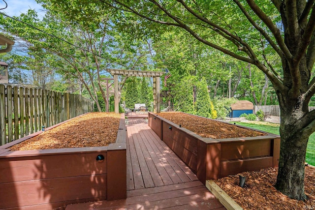 wooden deck with a shed, a fenced backyard, and an outbuilding