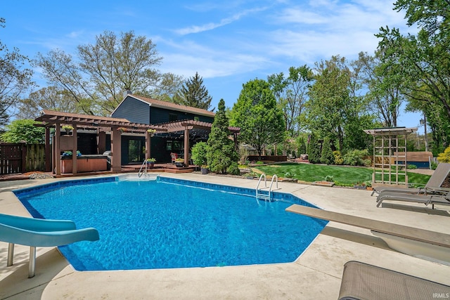 swimming pool with a pergola, a water slide, a patio area, and a diving board