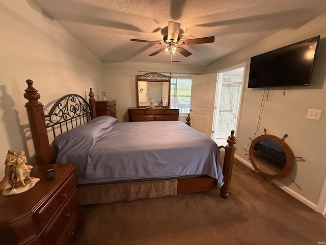 9607 S Lake Ridge Dr, Bloomington, IN 47401 - carpeted bedroom with baseboards, a textured ceiling, and ceiling fan