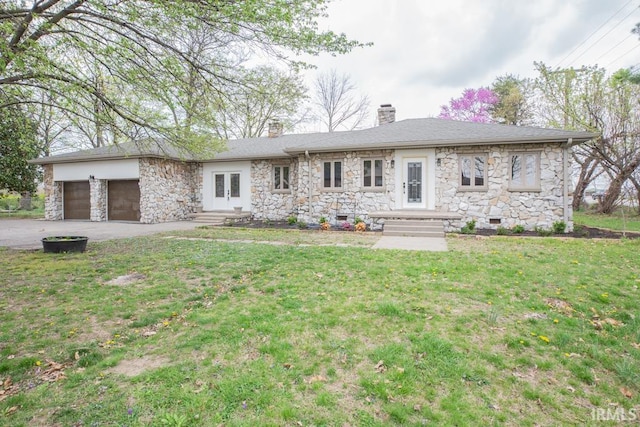 6318 Peacock Ln, Evansville, IN 47715 - ranch-style house featuring stone siding, a chimney, driveway, and a front yard