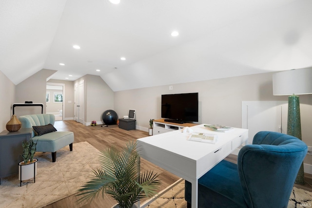 874 Cascata Trl, Huntertown, IN 46748 - office area with light wood-style flooring, baseboards, vaulted ceiling, and recessed lighting