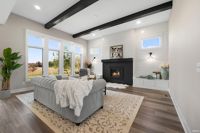 874 Cascata Trl, Huntertown, IN 46748 - living room with baseboards, a glass covered fireplace, beam ceiling, wood finished floors, and recessed lighting