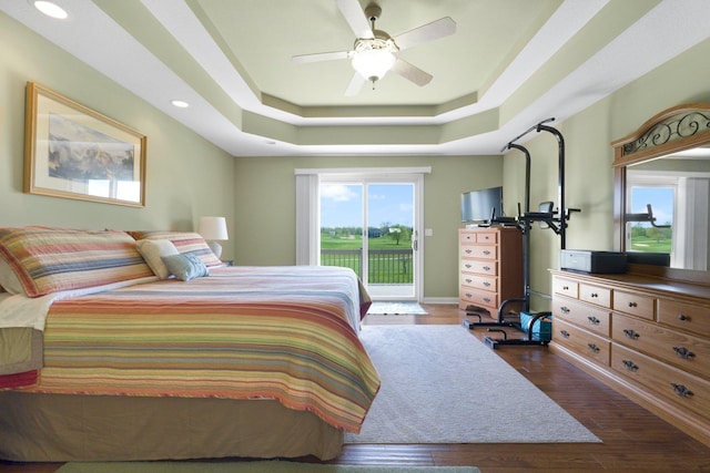 3090 Kellygreen Dr, Angola, IN 46703 - bedroom with access to exterior, a tray ceiling, recessed lighting, dark wood finished floors, and a ceiling fan