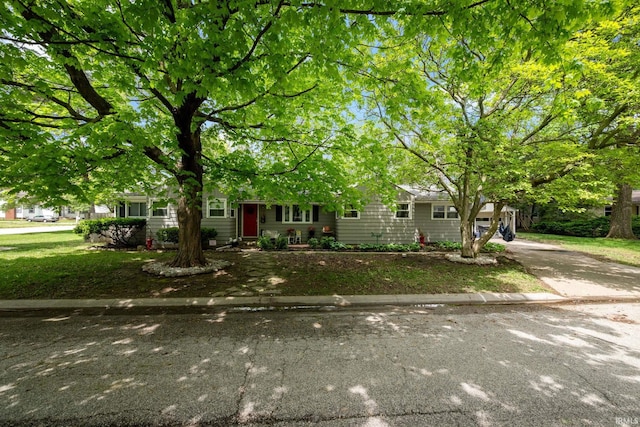 obstructed view of property featuring driveway and a front yard