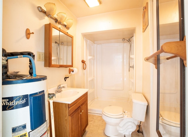 full bathroom with water heater, a stall shower, toilet, vanity, and tile patterned flooring