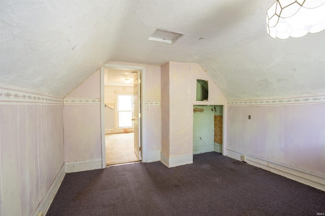 additional living space with vaulted ceiling, carpet floors, wooden walls, and baseboards