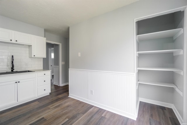 kitchen with a sink, dark wood-type flooring, white cabinets, backsplash, and wainscoting