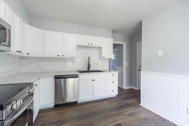kitchen with appliances with stainless steel finishes, a sink, white cabinetry, a wainscoted wall, and dark wood finished floors
