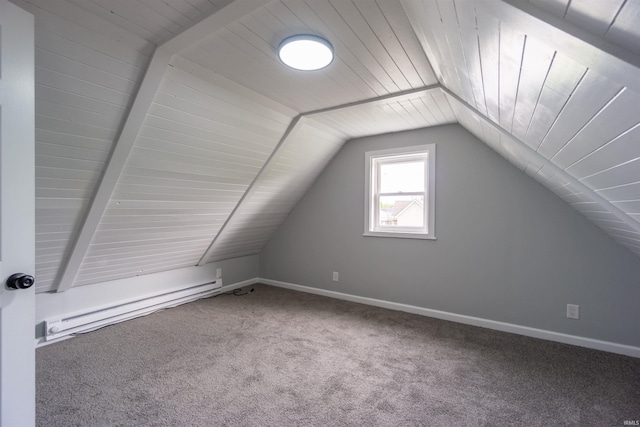bonus room with a baseboard radiator, carpet flooring, vaulted ceiling, and baseboards