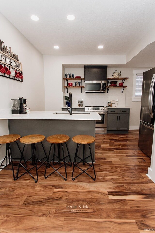 bar featuring stainless steel appliances, wood finished floors, recessed lighting, and a sink