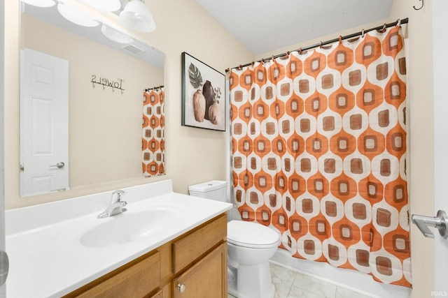full bathroom featuring toilet, vanity, a shower with shower curtain, and marble finish floors