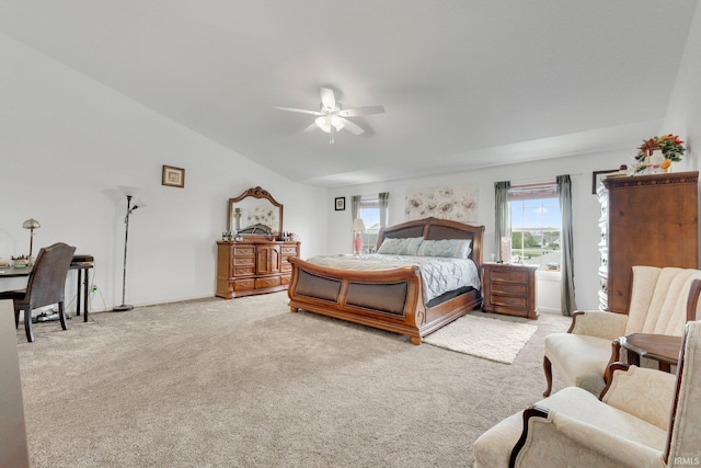 bedroom featuring light carpet, baseboards, and a ceiling fan