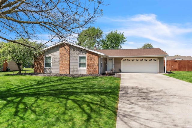 ranch-style home featuring an attached garage, concrete driveway, and a chimney