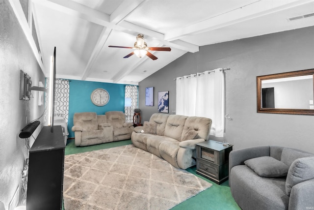 living room with carpet floors and ceiling fan