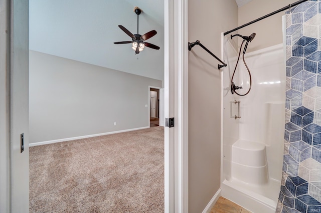 1592 Breckenridge Pass, Fort Wayne, IN 46845 - bathroom featuring a shower stall, a ceiling fan, and baseboards
