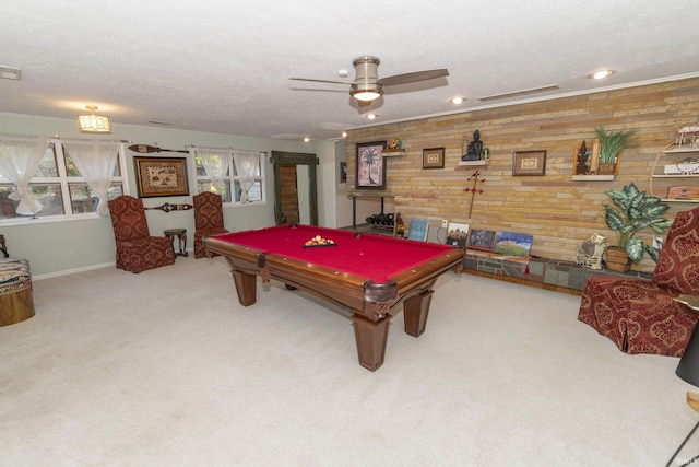 playroom with wood walls, billiards, carpet flooring, a textured ceiling, and baseboards