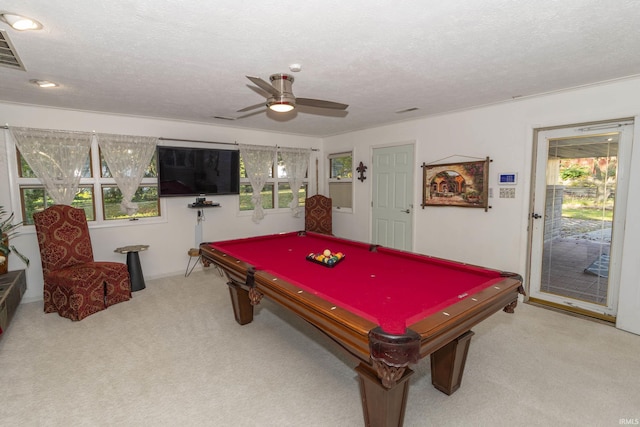 playroom with carpet, billiards table, a textured ceiling, ceiling fan, and baseboards