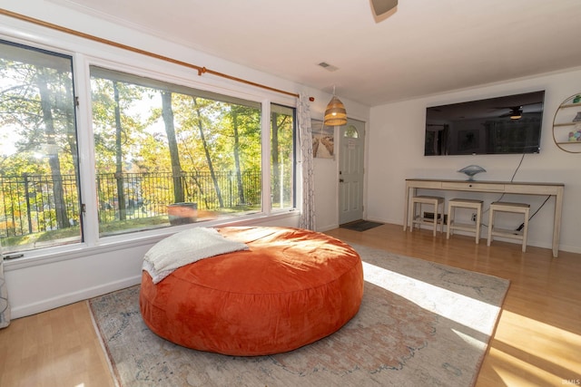 living area featuring a ceiling fan, wood finished floors, and baseboards