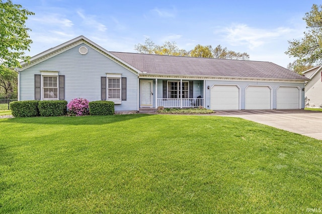 single story home with an attached garage, covered porch, driveway, a front yard, and roof with shingles