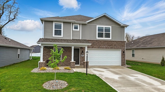 view of front of property with brick siding, an attached garage, driveway, a front yard, and a shingled roof